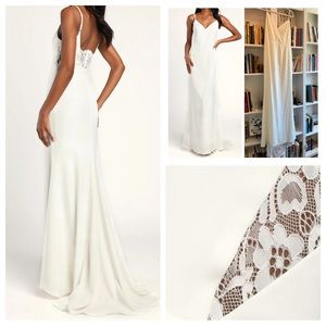 LuLu’s Adoring Promise Ivory Satin Lace V-Neck Mermaid Dress NWT